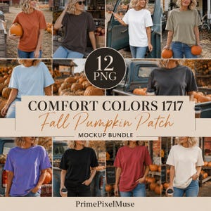 Może przedstawiać: Kolekcja dwunastu koszulek Comfort Colors 1717 w różnych jednolitych kolorach, w tym pomarańczowym, brązowym, białym, oliwkowym, jasnoniebieskim, antracytowym, fioletowym, czarnym, czerwonym i kremowym, prezentowana na tle pola dyń z napisem 12 PNG.
