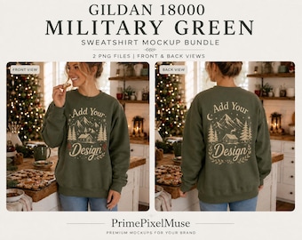 Estilo de vida navideño en la cocina | Paquete de maquetas de sudadera Gildan 18000 verde militar | Vistas frontal y trasera | 2 archivos PNG | Sudadera unisex de cuello redondo