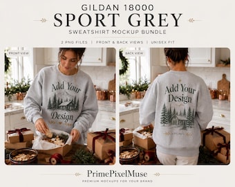 Maqueta de sudadera navideña Gildan 18000 Sport Gris | Cocina acogedora con empaque para galletas navideñas | Vistas frontal y posterior | 2 imágenes PNG de alta resolución