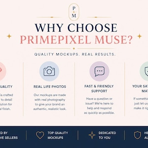 May include: An informational graphic titled WHY CHOOSE PRIMEPIXEL MUSE? with the subtitle QUALITY MOCKUPS. REAL RESULTS. It features four icons representing premium quality, real life photos, fast support, and satisfaction, plus footer text.