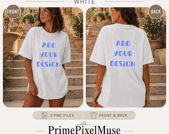 Maqueta de camiseta blanca Comfort Colors 1717 para mujer en Barcelona, España | Camiseta oversize femenina | Parte delantera y trasera | 2 imágenes PNG para descarga digital
