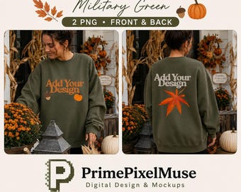 Estilo de vida acogedor de otoño en el porche delantero, maqueta de sudadera Gildan 18000 verde militar, maqueta frontal y trasera, 2 PNG, cuello redondo unisex, maqueta para impresión bajo demanda