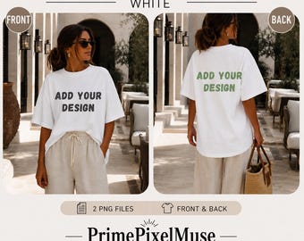 Maqueta de camiseta blanca Comfort Colors 1717, maqueta de café mediterráneo, maqueta de camiseta extragrande para mujer, PNG frontal y posterior, maqueta de camiseta de estilo de vida