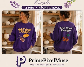 Maqueta de sudadera Gildan 18000 morada, estilo de vida acogedor para la cocina, maqueta frontal y trasera, 2 PNG, cuello redondo unisex, maqueta para impresión bajo demanda.