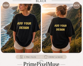 Maqueta de camiseta negra Comfort Colors 1717 para mujer en Madeira, Portugal | Camiseta extragrande para mujer | Parte delantera y trasera | 2 archivos PNG para descarga digital