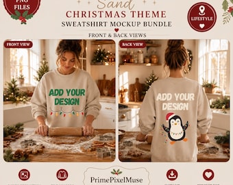 Maqueta de sudadera navideña Gildan 18000 color arena | Escena acogedora de repostería navideña en la cocina | Vistas frontal y trasera | 2 archivos PNG de alta resolución
