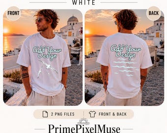 Maqueta de camiseta blanca para hombre Comfort Colors 1717, Santorini, Grecia, maqueta frontal y trasera, puesta de sol, 2 archivos PNG