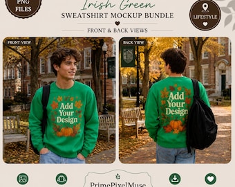 Paquete de maquetas de sudadera Gildan 18000 verde irlandés | Vuelta al cole | Hombre (parte delantera y trasera) | 2 PNG | Estilo de vida universitario de otoño | Descarga instantánea
