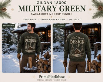 Paquete de maquetas de sudadera Gildan 18000 verde militar | Maqueta de cabaña navideña para hombre | Vistas frontal y trasera | 2 archivos PNG de alta resolución