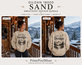 Maqueta de sudadera navideña Gildan 18000 color arena | Estilo de vida acogedor de cabaña invernal | Vistas frontal y trasera | 2 archivos PNG | Maqueta premium de Etsy
