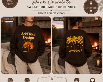 Paquete de maquetas de sudadera Gildan 18000 color chocolate oscuro | Parte delantera y trasera | 2 PNG | Estilo acogedor con chimenea | Descarga instantánea