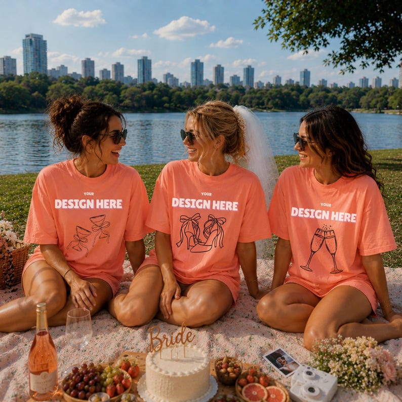 May include: Three coral-colored t-shirts featuring the white text YOUR DESIGN HERE and black line art illustrations of a gift, high-heeled shoes, and champagne flutes. The shirts are worn by three individuals sitting on a blanket outdoors.