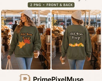 Maqueta de sudadera Gildan 18000 verde militar | Estilo de vida de mercado otoñal | Parte delantera y trasera | 2 PNG | Maqueta con estética otoñal cálida