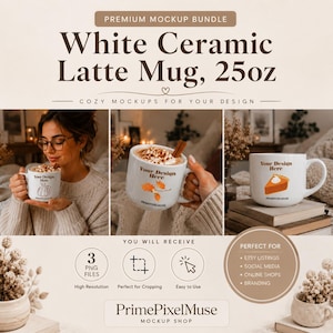 Può includere: Una tazza da latte in ceramica bianca con capacità di 25oz, mostrata in tre diversi mockup con vari design tra cui una zucca, foglie autunnali e una fetta di torta, con sovrapposizioni di testo che indicano un pacchetto di mockup premium.