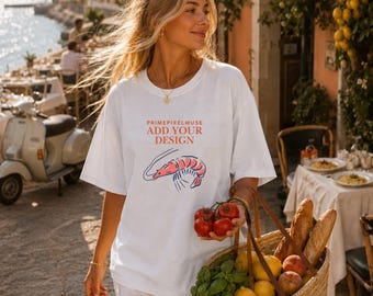 イタリアンサマートマトガールモックアップ｜コンフォートカラーズ1717ホワイトTシャツ｜アマルフィコーストライフスタイルシャツモックアップ