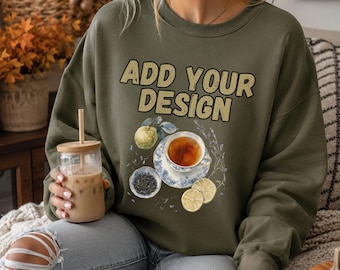 Maqueta de sudadera Gildan 18000 verde militar con cuello redondo, maqueta de estilo de vida otoñal acogedor, cuello redondo verde oliva, maqueta de otoño, sudadera unisex