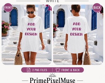 Maqueta de camiseta blanca Comfort Colors 1717 para mujer en Santorini, Grecia | Parte delantera y trasera | Maqueta de camiseta extragrande para mujer | 2 PNG