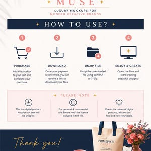 May include: An instructional graphic for Primepixel Muse digital mockups featuring steps to purchase, download, unzip, and create. Includes a pink mug, a beige tote bag, a pink sweatshirt, a smartphone, and a flower vase on a dark blue surface.