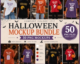 Paquete de maquetas de Halloween Comfort Colors 1717 | 50 maquetas PNG de camisetas (parte delantera y trasera) | Blanco, negro, rojo, uva, naranja quemado | Paquete para vendedores de Etsy