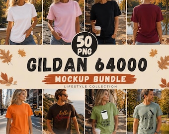 Gildan 64000 mockups (meer dan 60 PNG-bestanden), T-shirt mockup bundel, unisex shirt mockups, herfst mockup