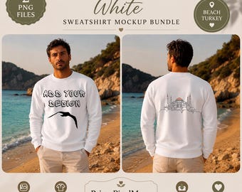 Paquete de maquetas de sudadera blanca Gildan 18000 | Maqueta de hombre en la playa con temática de pavo | Parte delantera y trasera | 2 PNG | Maqueta de estilo de vida | Descarga instantánea