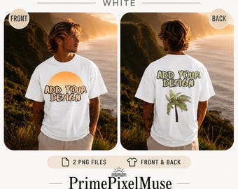 Maqueta de la costa al atardecer de Madeira, Portugal, Maqueta de camiseta blanca para hombre Comfort Colors 1717, parte delantera y trasera, 2 archivos PNG