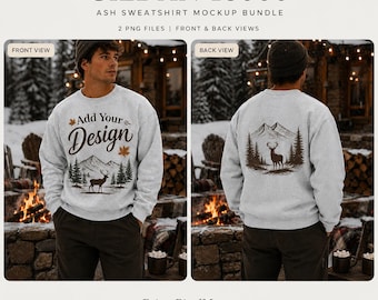 Maqueta de estilo de vida acogedor de cabaña de invierno | Paquete de sudaderas Gildan 18000 color ceniza para hombre | Vistas frontal y trasera | 2 archivos PNG | Maqueta unisex de cuello redondo