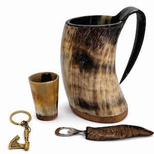 Viking Horn Mug Gift Set with Shot Cup, Bottle Opener & Norse Axe Keychain.
