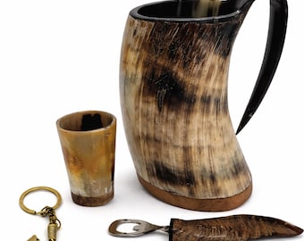 Viking Horn Mug Gift Set with Shot Cup, Bottle Opener & Norse Axe Keychain.
