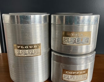 Mid Century Spun Aluminum Canisters / Mid Century Kitchen Decor / Coffee  / Tea / Flour Canisters / Aluminum Canisters set of  3