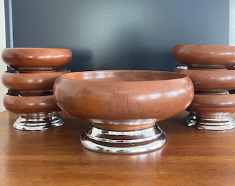 Mid Century Hellerware Salad Bowl Set / Wood and Metal Salad Bowl Set / MCM Salad Bowl Set / Mid Century Bowls