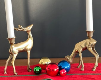 Grazing Christmas Deer / Pair of Brass Deer Candleholders / Brass Christmas Decor
