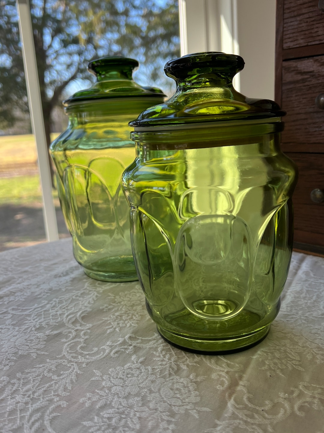 Vintage Green Glass Canisters With Lid / Green Glass Canister Set / L E