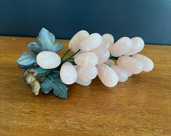 Vintage Rose Quartz Grapes / Mid Century Grapes / Glass Grapes with Glass Leaves / Mid Century Home Decor