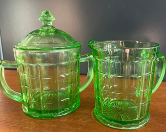 Hazel Atlas Creamer and Sugar Dish with Lid / Uranium Glass Creamer & Sugar Dish / Depression Glass  Colonial Block Pattern by Hazel Atlas