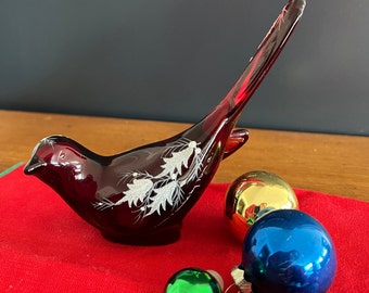 Fenton Hand Painted Ruby Red Glass Bird / Art Glass Red Bird / Fenton Glass Bird / Unique Gift / FREE SHIPPING!