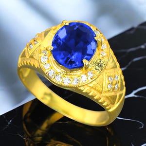 Lab Blue Sapphire 14k Gold Ring: Art Deco September Birthstone