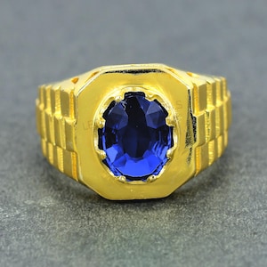 14K Gold Mens Ring, Gemstone Wedding Men Rings, 14K Gold Sapphire Men Ring, Blue Sapphire Stone Rings, Husband Gold Gift Ring Him