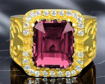 Ruby Mens Ring: 14k Gold Pleated 925 Sterling Silver, Art Deco Style