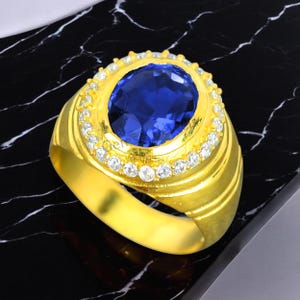 14K Gold Mens Ring, Gemstone Wedding Men Rings, 14K Gold Sapphire Men Ring, Blue Sapphire Stone Rings, Husband Gold Gift Ring Him