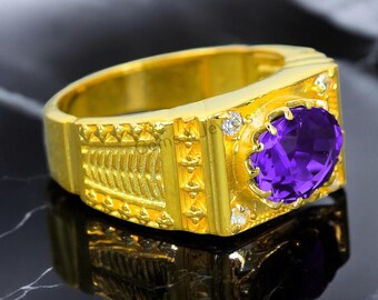 14K Gold Men's Amethyst Ring: Art Deco February Birthstone