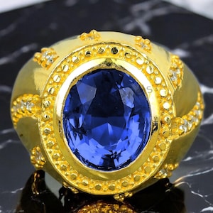 Natural Sapphire Men&#39;s Ring: 14k Solid Yellow Gold Art Deco Style
