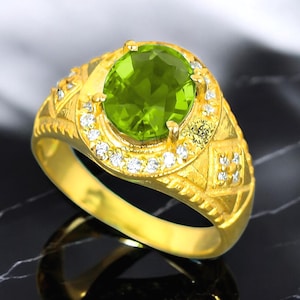 14K Gold Mens Peridot Ring: Art Deco Green Gemstone Signet