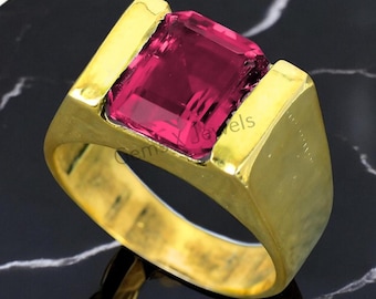 Ruby Mens Ring: 14k Gold Pleated 925 Sterling Silver, Art Deco Wedding Band