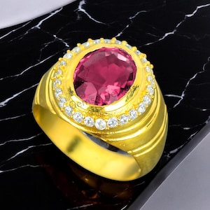 14K Gold Men&#39;s Ruby Ring: Art Deco July Birthstone