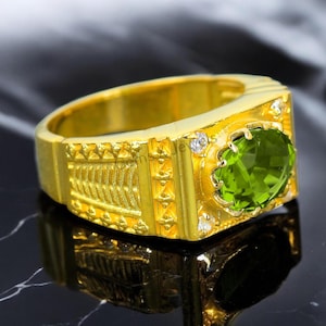 14K Gold Mens Peridot Ring: Art Deco Green Gemstone Signet