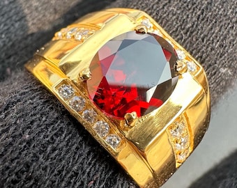 Anillo de plata de ley 925 para hombre: Anillo artesanal con granate rojo, estilo art déco.