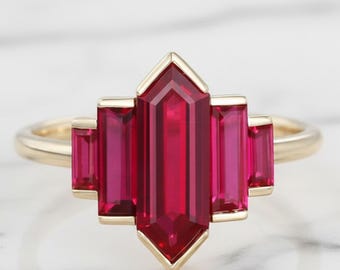 Ruby Hexagon-Baguette Statement Art-Deco Geometric Gold Ring • Modern Minimalist-Jewelry Unique Gemstone-Design Gift For Her