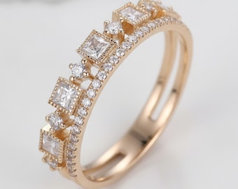 Alianza de boda con diamante talla princesa, anillo de eternidad de oro rosa, regalo de aniversario nupcial