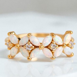 Marquise Cut Opal And Diamonds 14k Yellow Gold Engagement Ring Floral Inspired Anniversary Ring